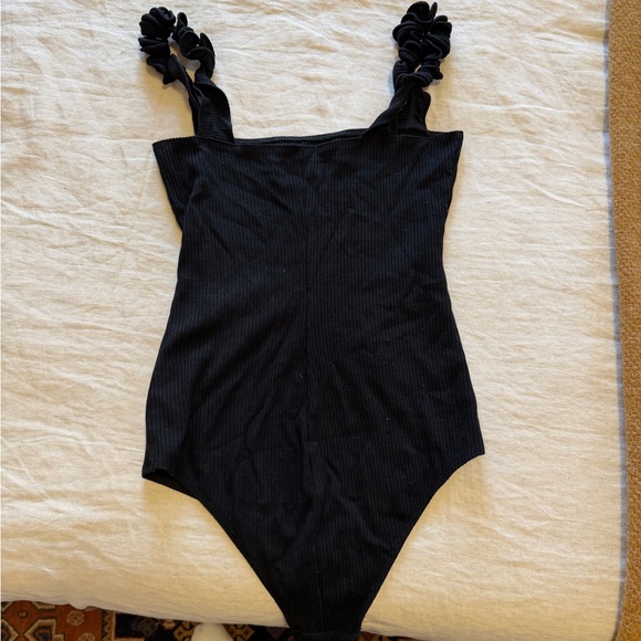 Reformation Black Ruffle-Strap Ribbed Bodysuit - Picture 6 of 6